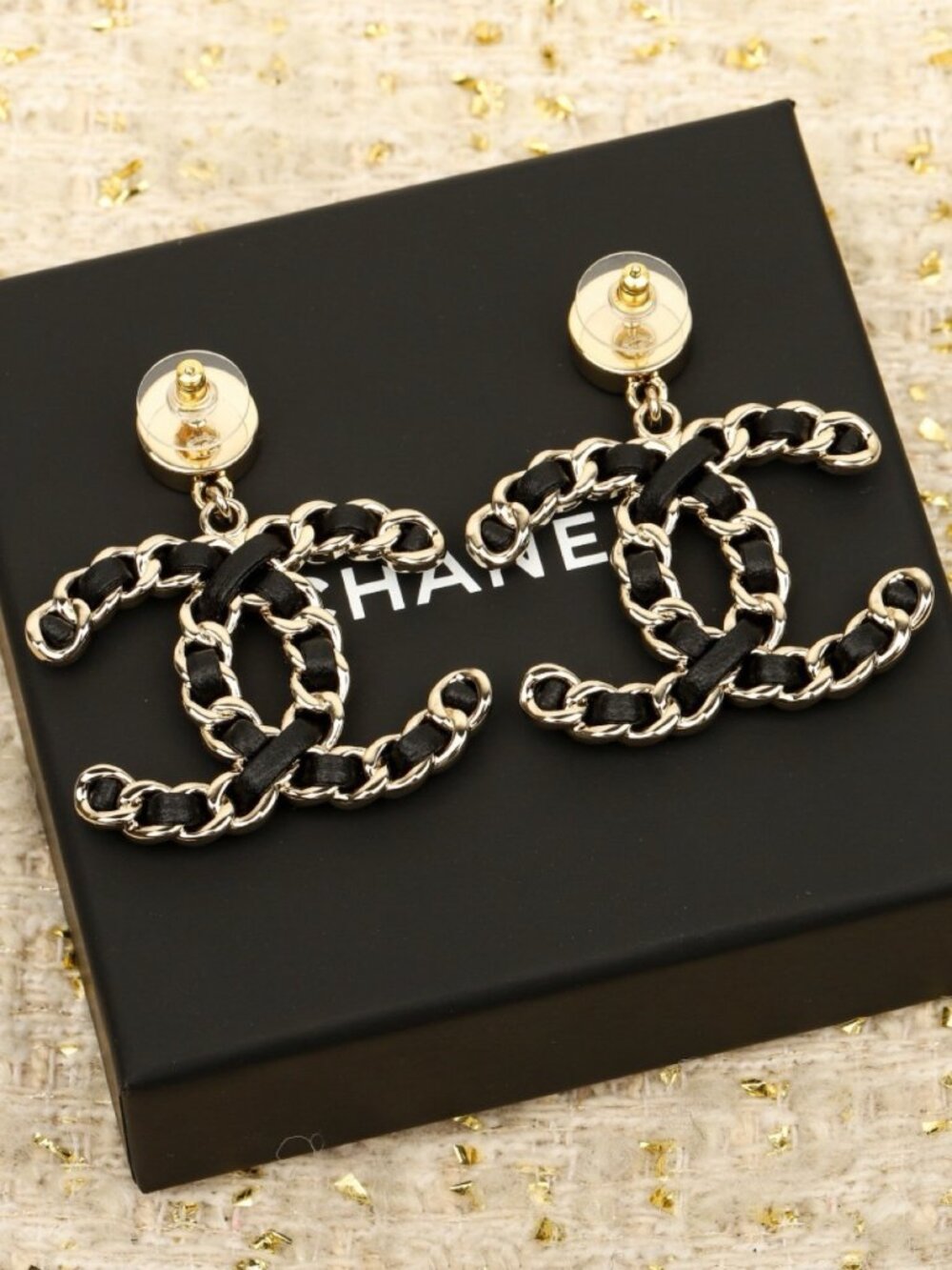 Chanel Gold-Tone Leather Chain CC Drop Earrings